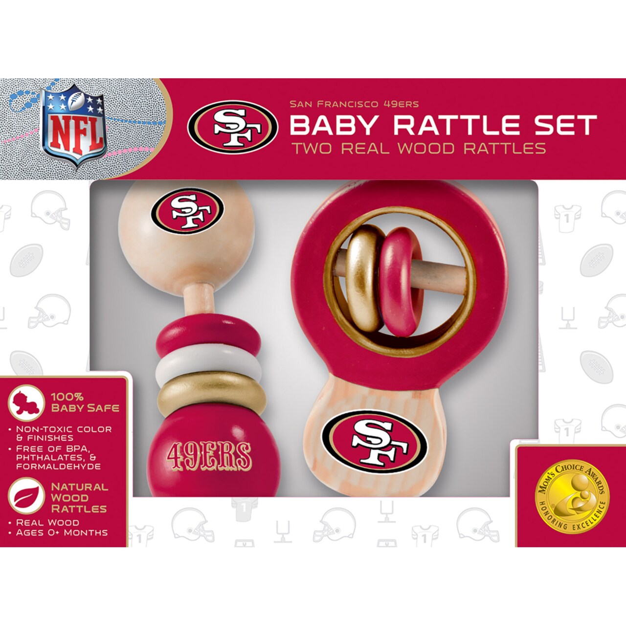Baby Fanatic Wood Rattle 2 Pack - NFL San Francisco 49ers Baby Toy Set